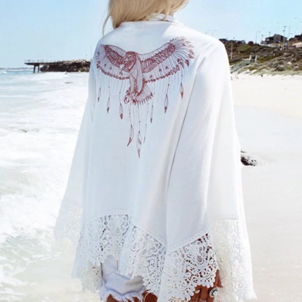 SOLD OUT CLEARANCE Eagle Sheer Crochet White Beach Coverup Wrap Top - Picture 1 of 7